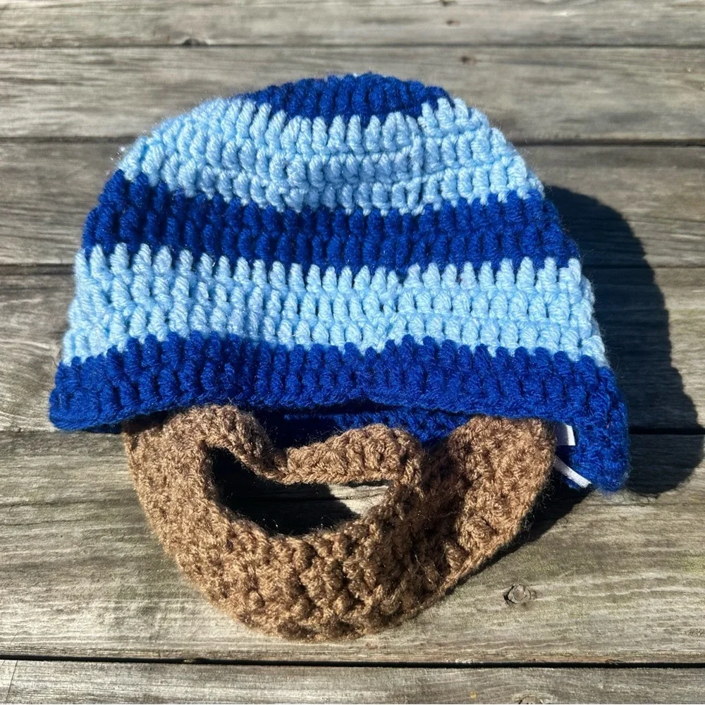 Crochet Blue Striped Kid’s winter hat with removable beard/mustache combo